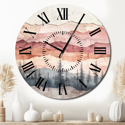 Horloge murale ronde en métal de style Mid-Century, motif Forêt Rose Pâle, imprimée sur métal