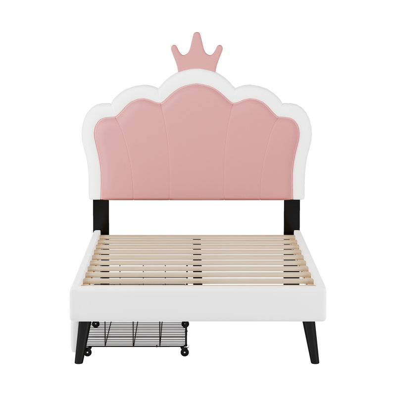 Lit taille tapissier Princess avec tête de lit couronne et 2 tiroirs, lit plateforme avec tête de lit et pied de lit