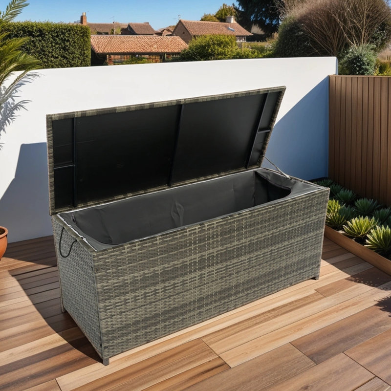 Outdoor Deck Box Storage 113 Gallon - Grey . With Lid. Removable Waterproof Liner, Rust Frame. Ideal For Patio, Poolside, Yard Container Gallon. Lightweight , Liner. Water . For Use