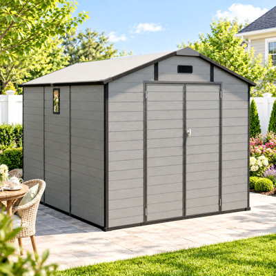 8x10 Plastic Outdoor Storage Shed Resin Tool Shed with Full-length Ridge TP Skylight ,Window and Floor Dark Gray 
