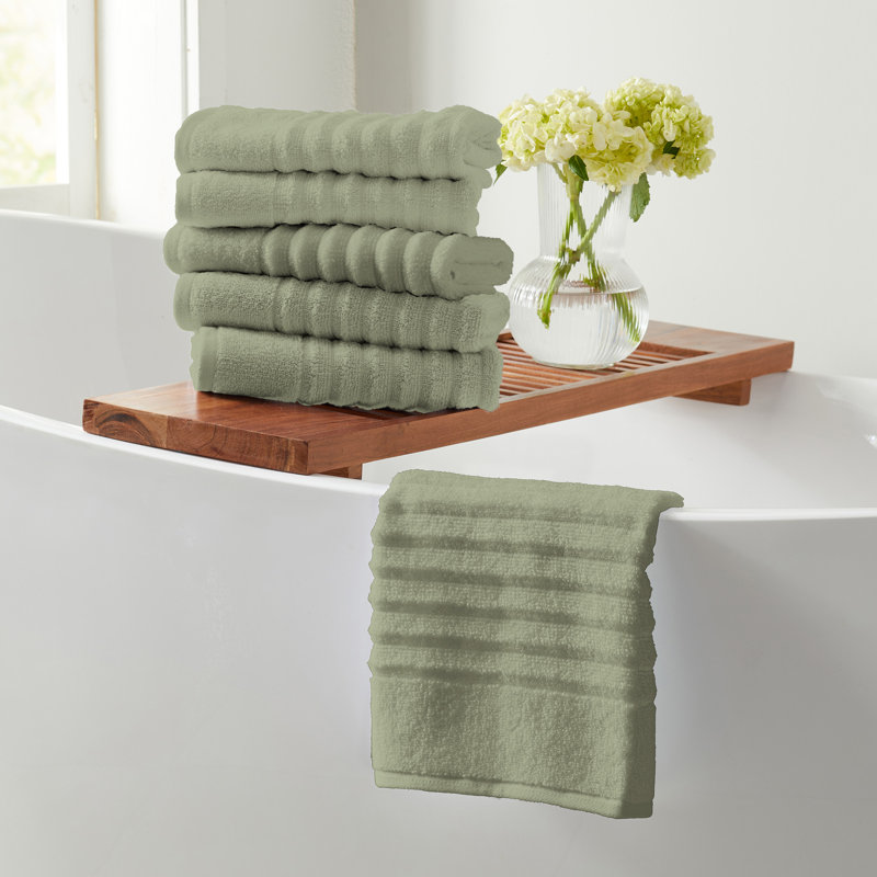 100% Zero-Twist Cotton Ribbed Bath Towels , Hand Towels - 6 Pack, Eucalyptus