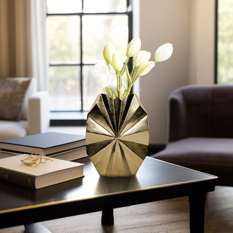 Modern Decorative Aluminum Vase with Sculptural Faceted Starburst Design - Gold, 10" H x 8" W x 4" D, Gold