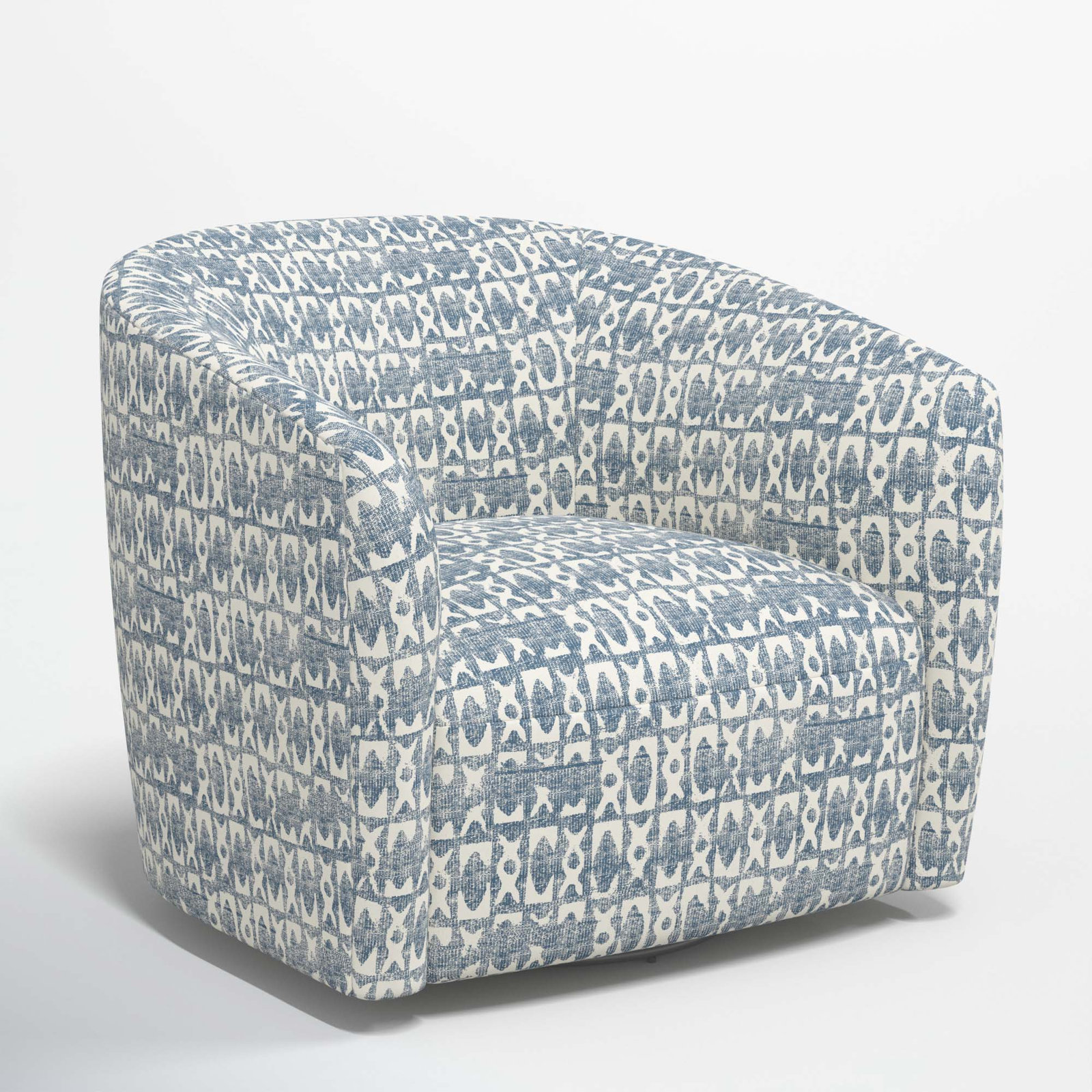 Marita Upholstered Swivel Barrel Chair, Texture Block Blue