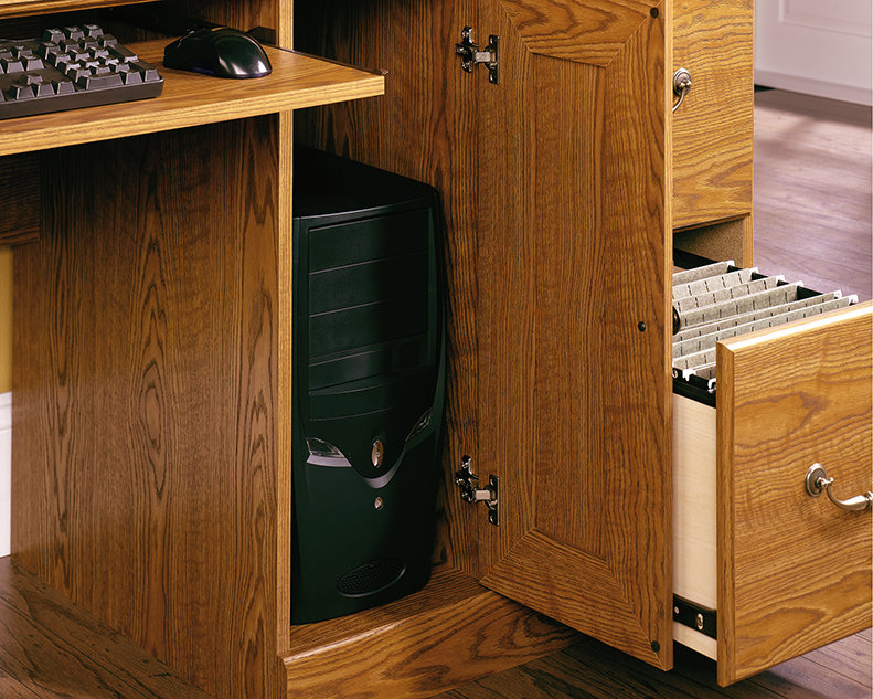 Carolina Oak Medium Wood Computer Desk with Hutch and Filing Cabinet