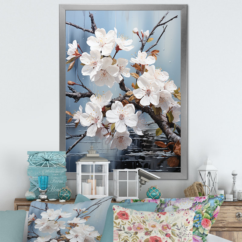 Minimalisme blanc et bleu Cherry Blossom III - impression d'art sur toile Cherry Blossom, Cadre simple argenté