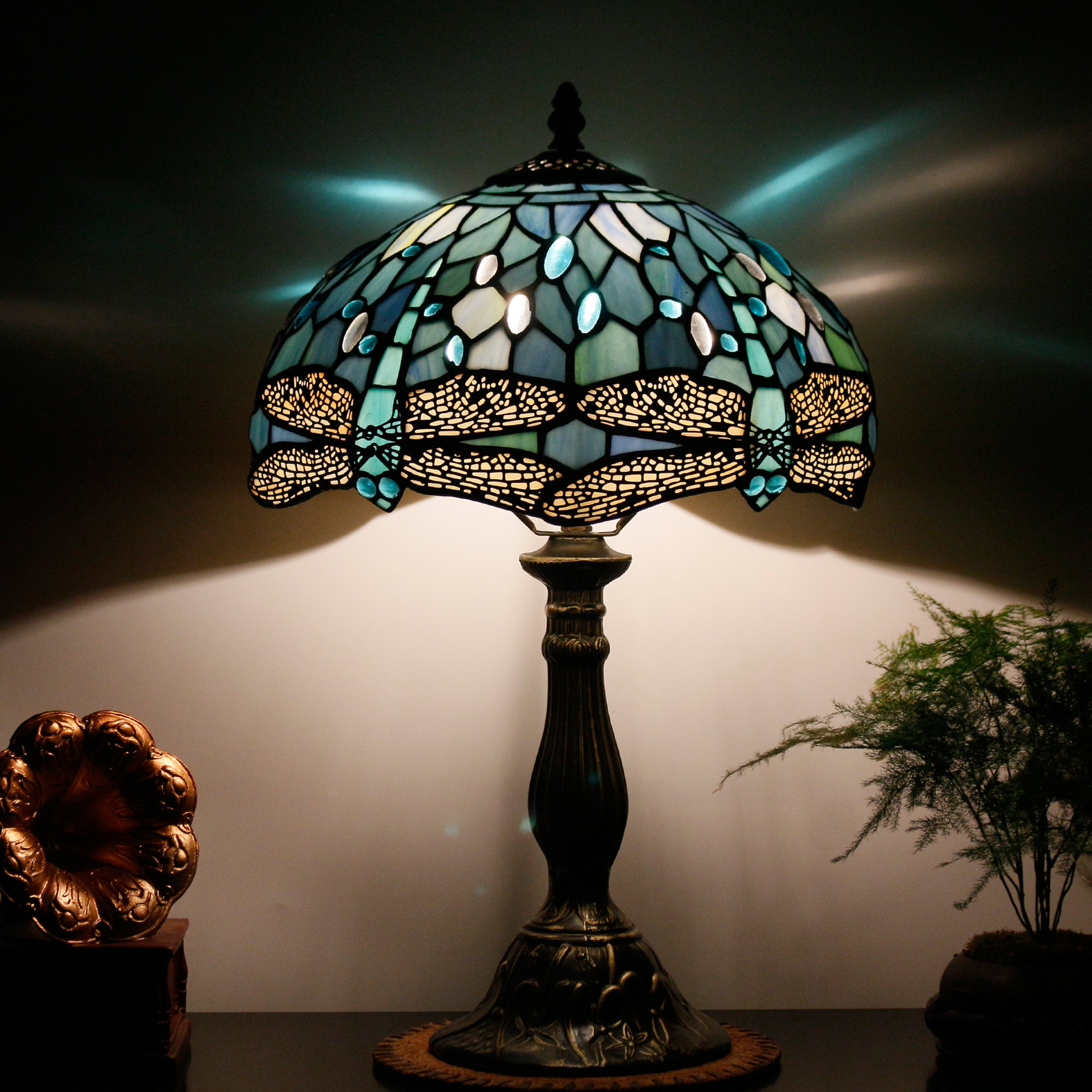 World Menagerie Ballico Tiffany Lamp Sea Blue Stained Glass Table Lamp  12X12X18 Inches Dragonfly Style Desk Reading Light & Reviews