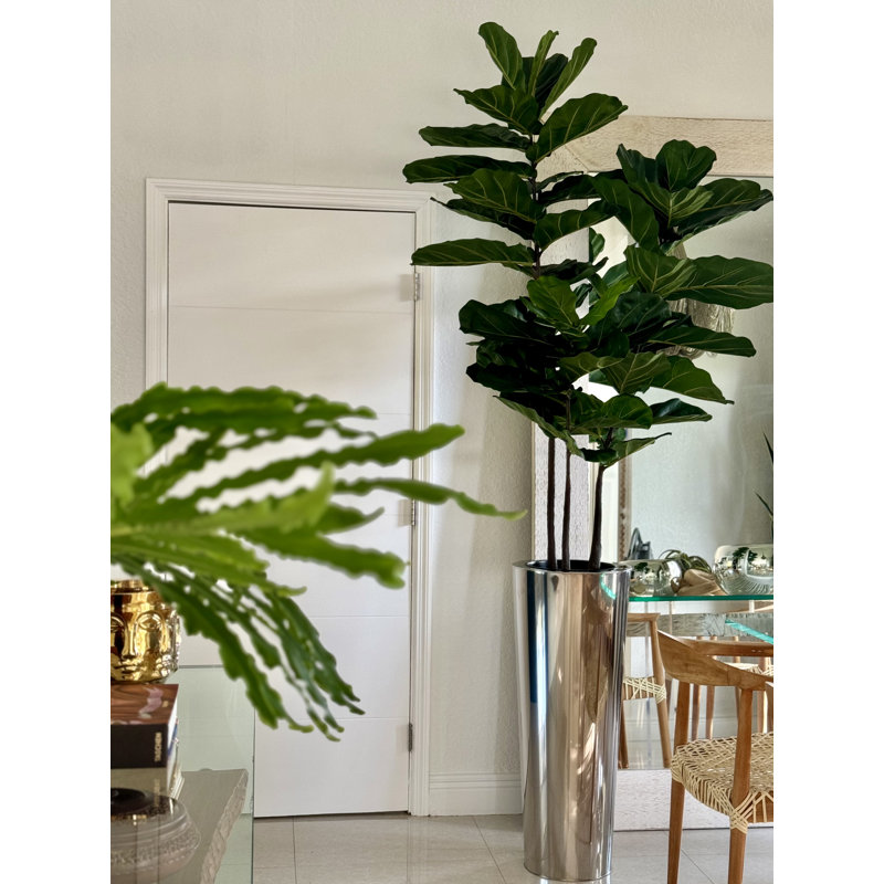 Fiddle Faux Fiddle Leaf Fig Tree in Metal Planter, 96" H x 42" W x 28" D, Silver