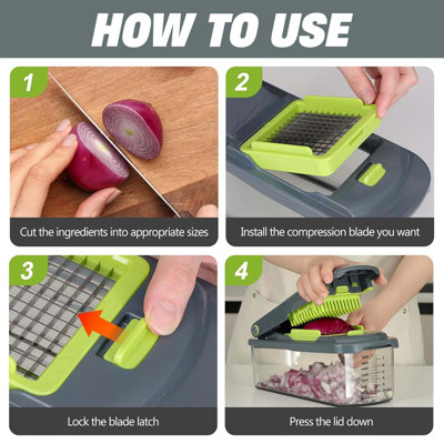2-in-1 Manual Vegetable Chopper with Container 2 Blades Food Dicer Cutter for Potato Strips Onion Cubers Carrot Sticks Gray Kitchen Gadget