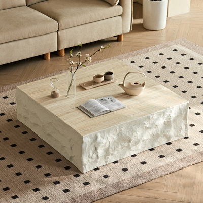39" Modern Square Coffee Table, Handcrafted Textured Stone-Look Fiberglass Coffee Table, 12.2" Height Solid Block Coffee Table for Living Room, Wabi-Sabi Rustic Center Table for Apartment, Small Space, Beige