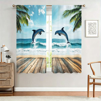2Pcs Dolphin Jumping Curtains, Tropical Beach Scene, Ocean Waves, Palm Trees, Light Filtering Fabric, Privacy Protection, Rod Pocket, Living Room, Bedroom, Home Decoration