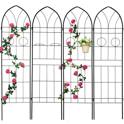 Ensemble de 4 treillis en métal 78,7 "x 19,7", antirouille pour la gloire du matin, support à fleurs extérieur - jardin noir 78,7 "x 19,7", paquet rose, support