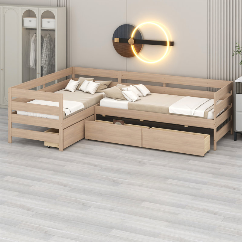 L-Shaped Platform Bed With Three Storage Drawers, Natural