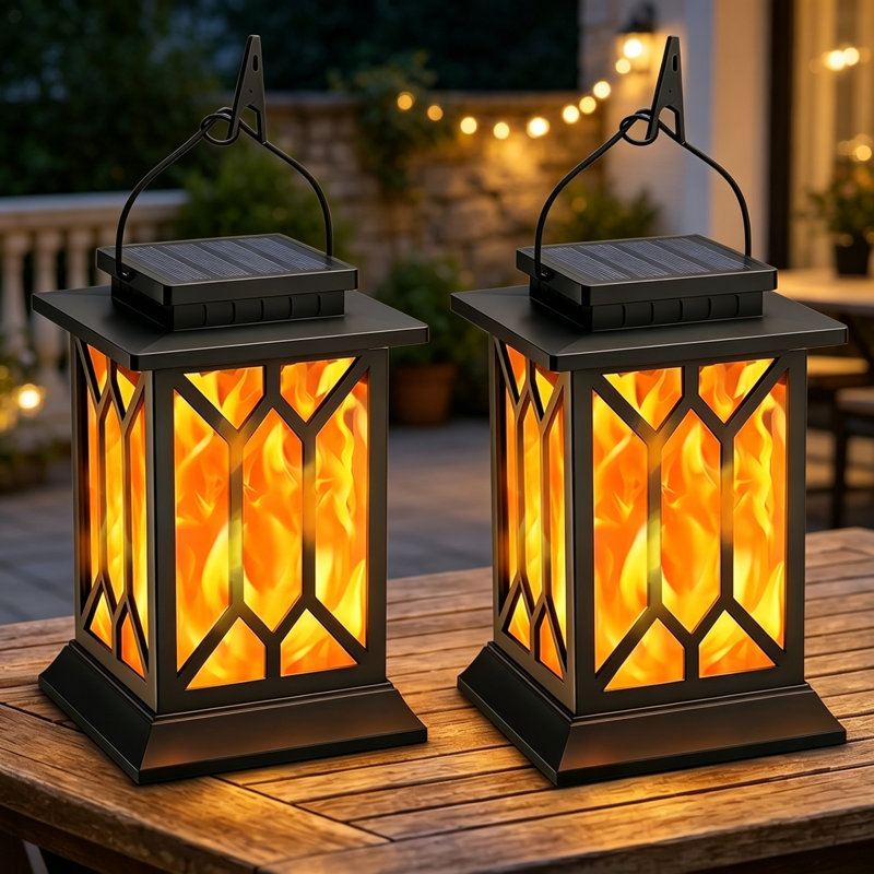 Set of 2 Outdoor Solar Garden Lights, 2‑Mode Flickering Flame Hanging Solar Lanterns, Solar‑Powered Waterproof Dancing Flame Lights for Garden, Porch, Patio & Yard [Energy Class A]