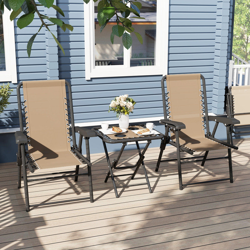 Three-Piece Patio Dining Set with Weather-Resistant Khaki Cushions - Garden Table and Chairs for Small Spaces