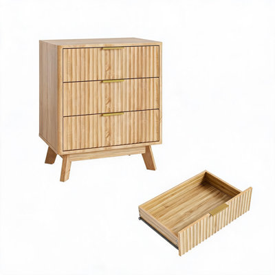 Fluted Bedside Table with 3 Drawers, Modern Nightstand Set Style Night Stands for Bedroom, Wave Front Wood End Table, 23.62 x 15.74 x 28.03 Inch, 35 lbs Each Drawer, 5.9" Raised Legs for Easy Cleaning