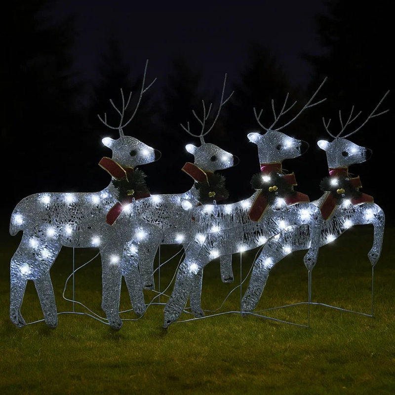 Décoration de Noël d'extérieur à 4 rennes, 80 Leds blanc froid, métal argenté