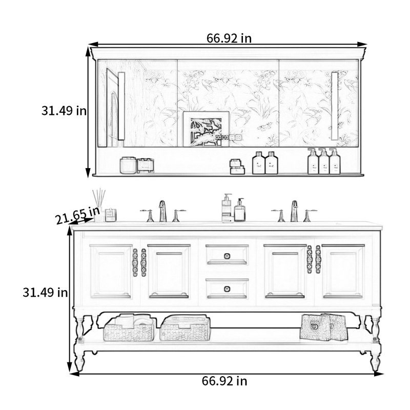 Armoire de salle de bain style campagnard américain, H 31,49 po x l 66,92 po x P 21,65 po