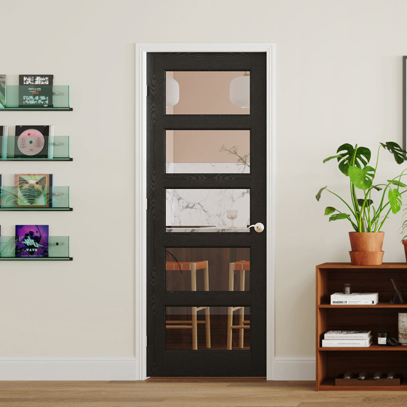Porte intérieure française pré-montée double en verre transparent de style moderne 5 Lite, cadre réglable, bois massif noir et bois manufacturé avec cadre et poignée (ensemble de 2)