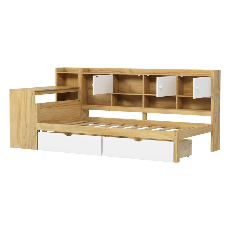 Lit de jour en L avec rangement pour livres - simple, naturel et blanc avec matelas à tiroirs, Lit simple