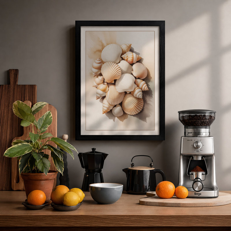 Shells in Circle Coastal - Framed Print, A4 - 29.7 x 21.0 cm, Black
