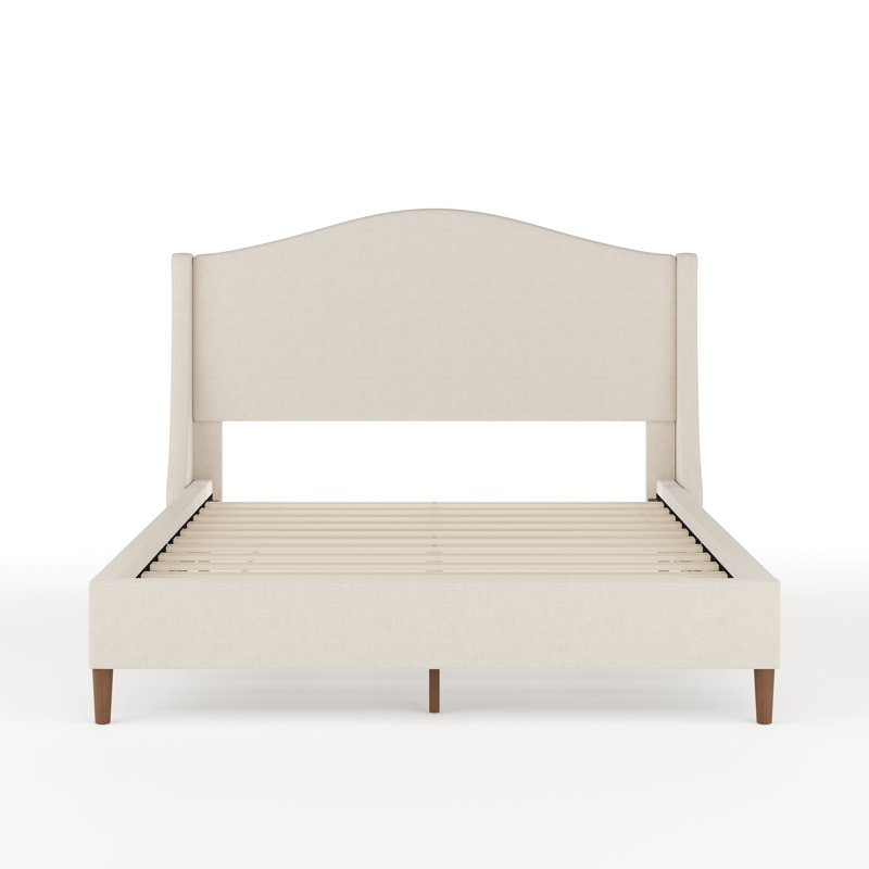 Full Beige Linen Upholstered Platform Bed with Walnut Legs