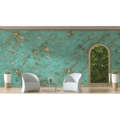 Teal and Gold Distressed Marble Effect Luxury Metallic Foil Abstract Wall Covering