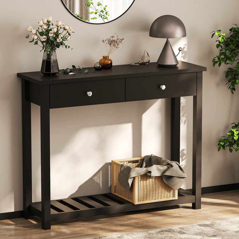 Console avec 2 tiroirs, table de couloir étroite moderne de 40 po, noir