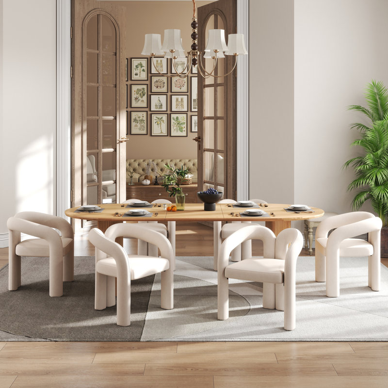 Modern Farmhouse Extendable 59.06" to 90.55" Table Dining Set for 4-8, 7 Pieces: Table, 6 Chairs, Oak, Beige