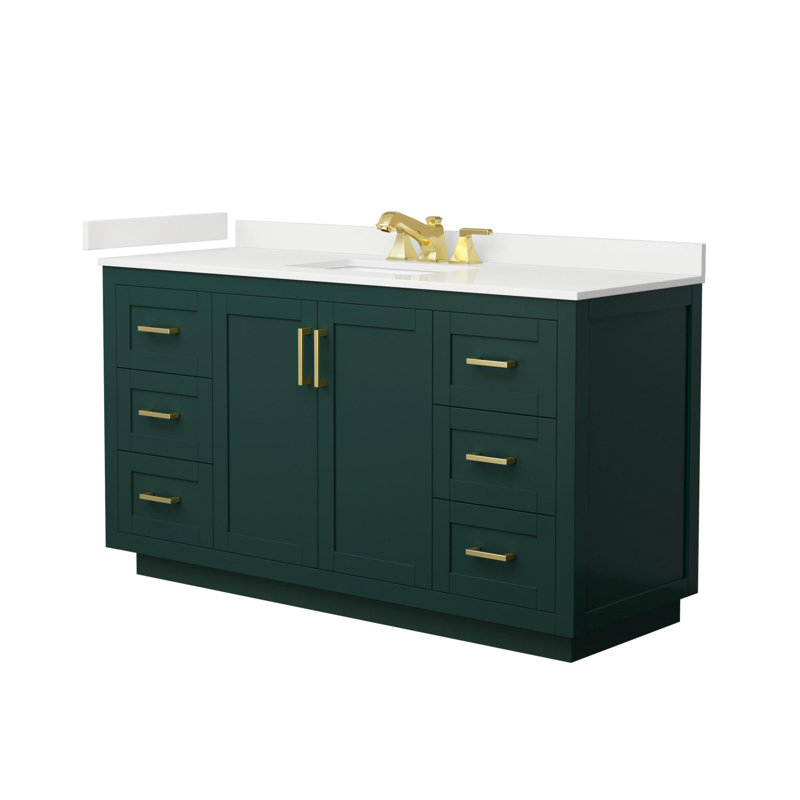 Miranda 60" Freestanding Single Bathroom Vanity with Quartz Top, White Quartz, Green, Brushed Gold