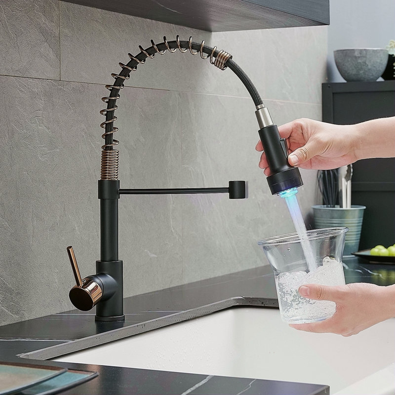 LED Commercial Kitchen Faucet With Pull Down Sprayer, Single Handle Single Lever Kitchen Sink Faucet, Black/Gold