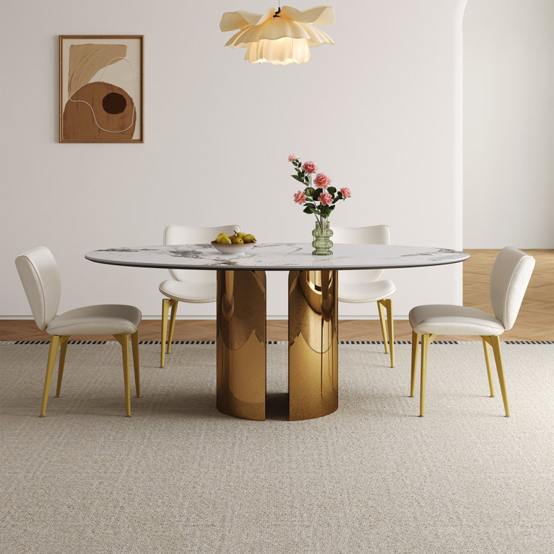 70.9-Inch Sintered Stone Oval Dining Table, With Copper-Colored Stainless Steel Base, Unique Leg Design Is Sturdy And Stable, Suitable For Kitchen Dining Room, Living Room (One Table With 4 Chairs)