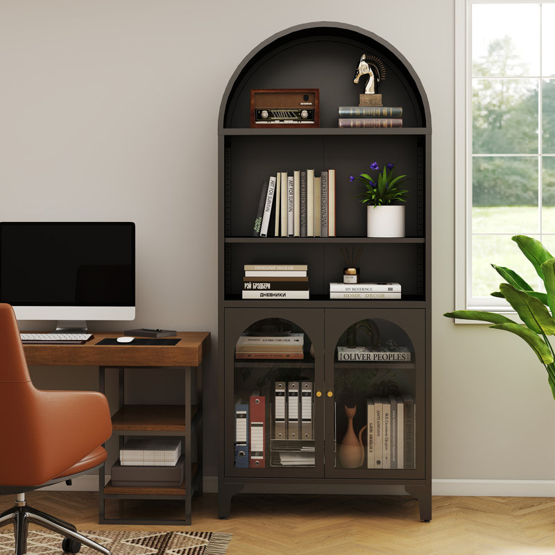 Vitrine de rangement arquée en métal 73,6 "avec tablettes réglables et portes en verre, Noir