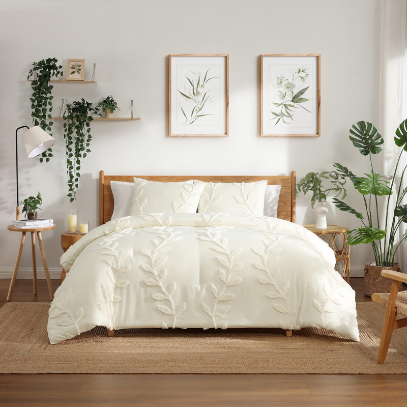 Ensemble d'édredon touffeté en chenille ivoire 3 pièces Elegant Vines, Édredon pour très grand lit + 2 taies décorativ