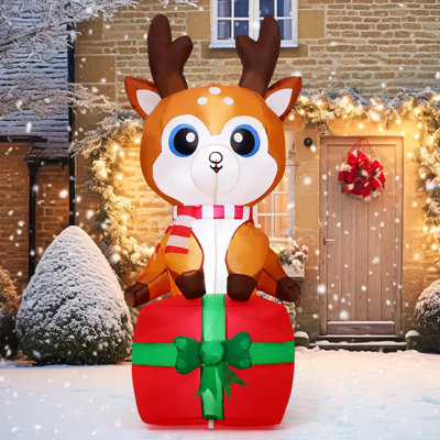 6 FT Christmas Inflatable Reindeer Sitting on Gift Box with Built-in LEDs