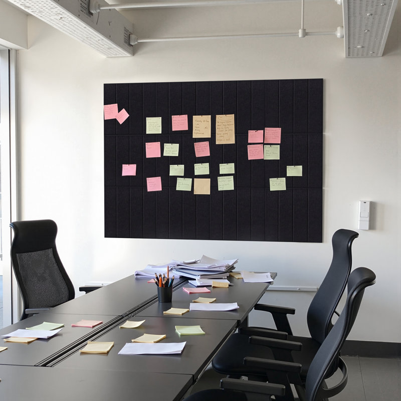 Textured Felt Wall Panels With Stripes, Bulletin Boards, 12-Piece Set, With Pushpins, Black