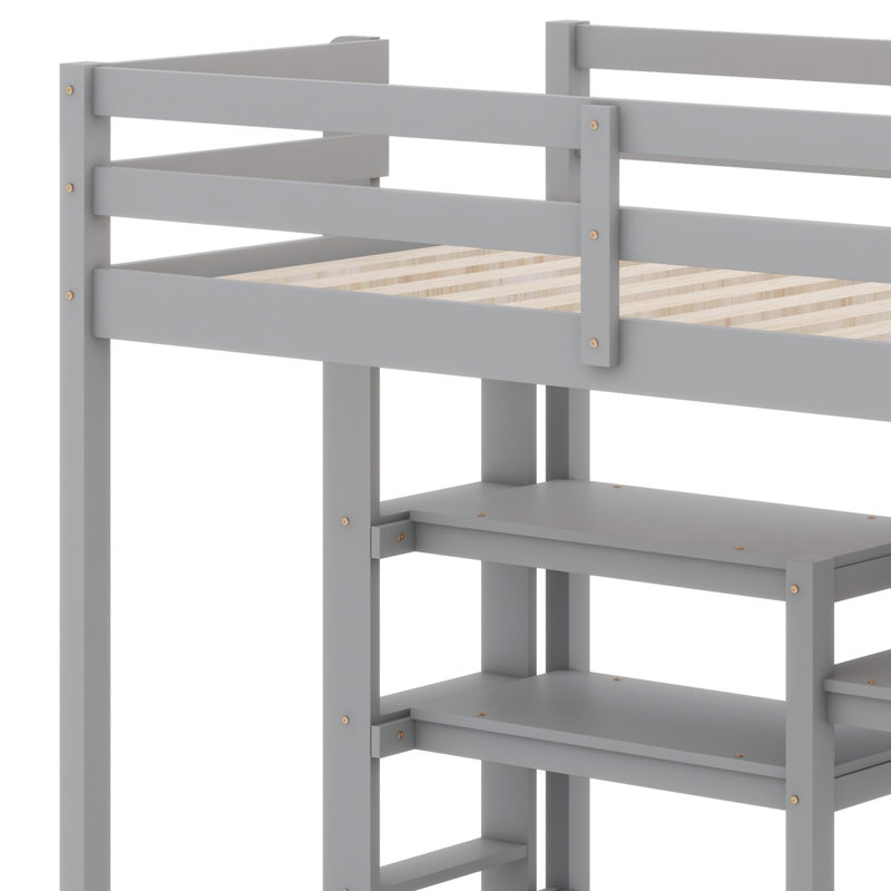 Lit mezzanine en bois avec tablettes, bureau et tableau d'écriture, Gris