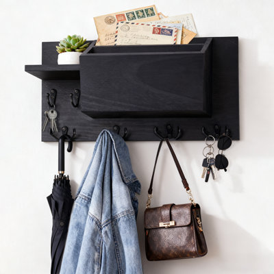 Wall Mail Holder Wooden Mail Sorter With 4 Key Hooks Magazine Holder - View #7
