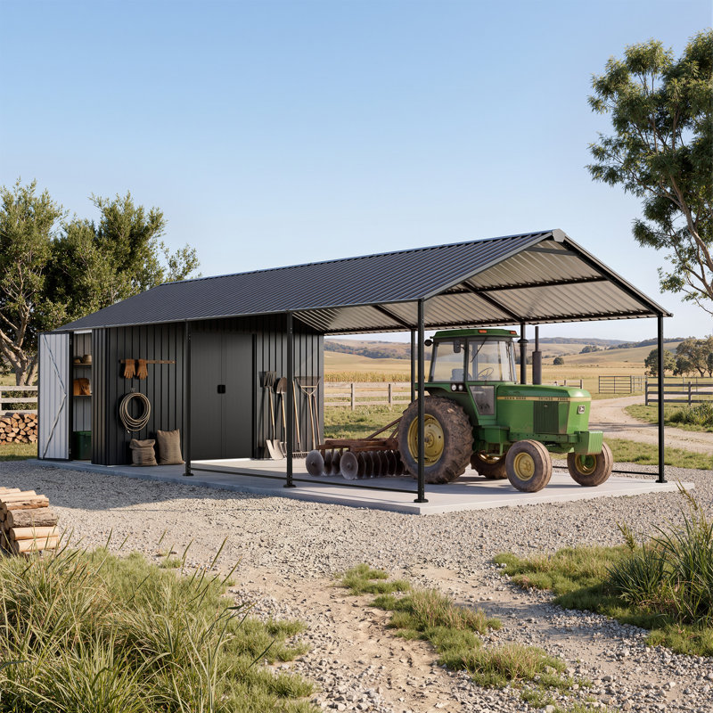 12 ft. W x 25 ft. D Metal Storage Shed and Carport Combo with Sliding Door, Window and Entry Ramp