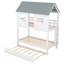 Twin Size House - Style Bunk Bed With Trundle, Roof And Windows, White + Grey, Easy Assembly For Bedroom Decor Home