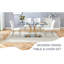Ensemble de table et de chaises. Table de salle à manger moderne simple en verre trempé transparent - 63 po x 35,4 po avec pieds en acier inoxydable en forme de X. Avec 4 chaises en polyuréthane blanc avec un motif à rayures verticales sur le dossier.-120329547-120329549