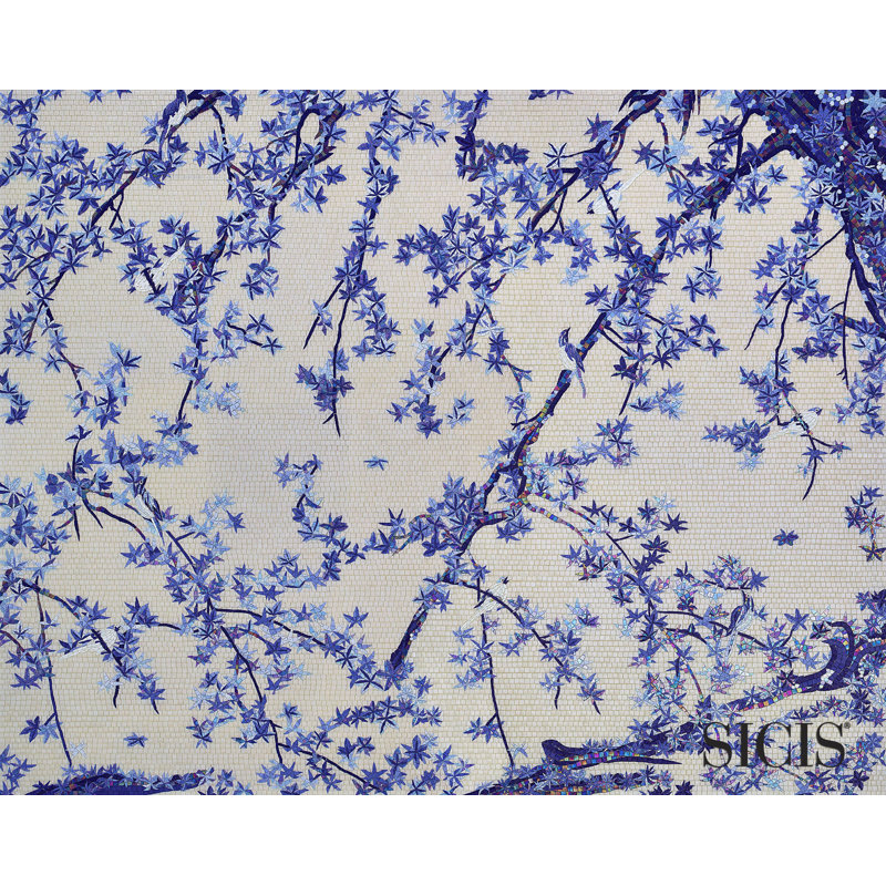 Maple Tree And Small Birds Blue Panel, 5'W x 8'L