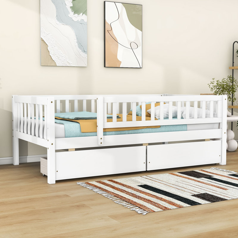 Lit de jour en bois avec 2 tiroirs de rangement et barrières de sécurité   , Lit simple, Blanc