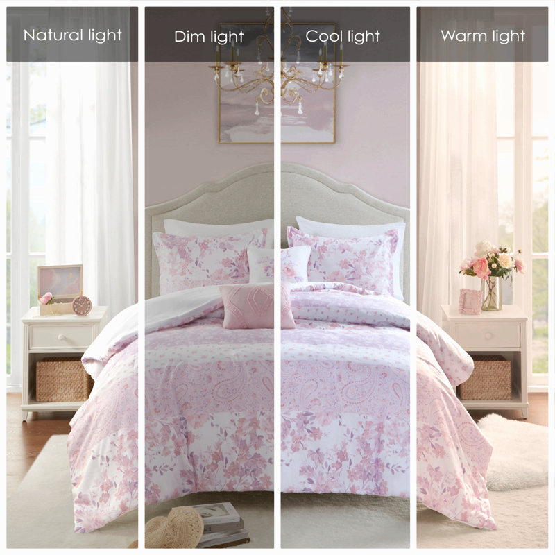 Ensemble de couette imprimée à fleurs en polyester pour lit simple/simple XL, Rose