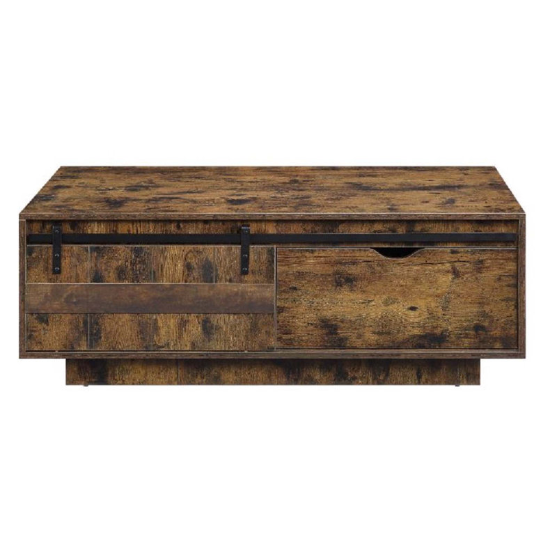 Table basse moderne rustique avec porte de grange coulissante et rangement supplémentaire en chêne de style classique