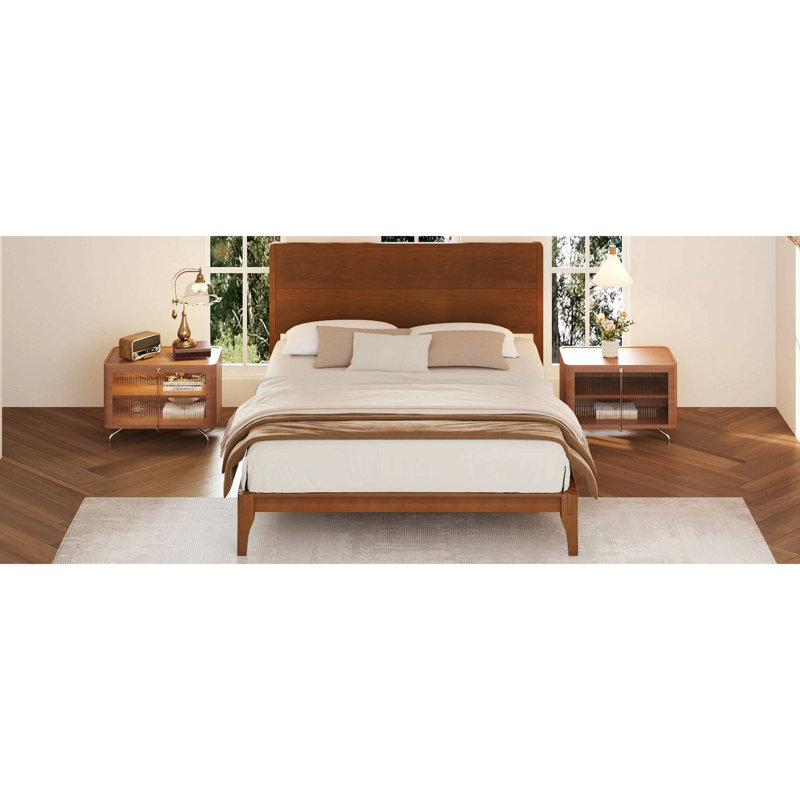 Grand lit plateforme Mid-Century moderne en bois de bambou de 12 pouces avec support en lattes de bois, aucun sommier requis, assemblage facile