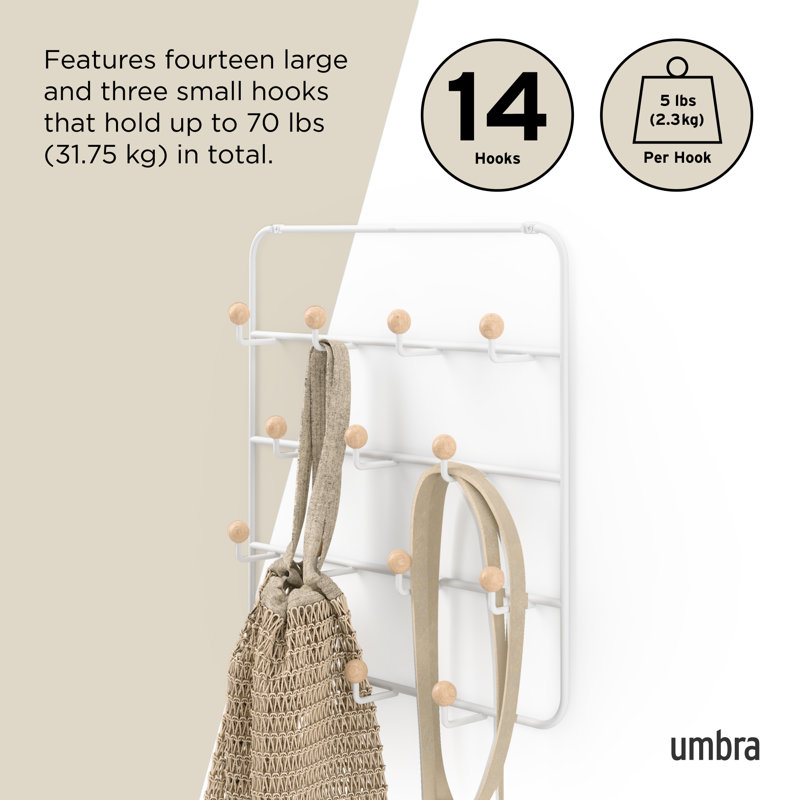 White Steel Wall Organizer with Wooden Knob Hooks