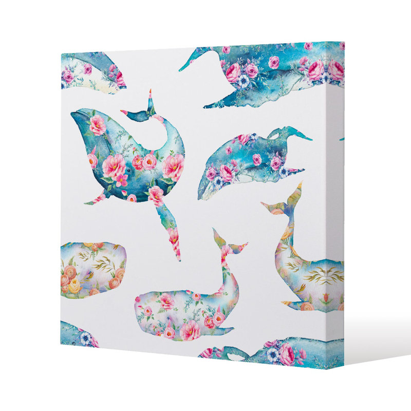 Whale with flowers Slim Style Canvas Print , 15mm Slim Real wood., 20cm H x 20cm W