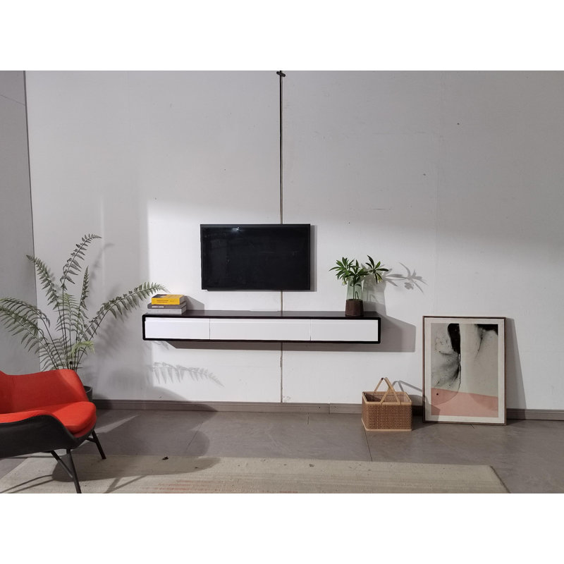 Meuble télé 55 po flottant entièrement assemblé, 3 portes pour téléviseurs de 60 po ou moins, blanc et noyer, Blanc