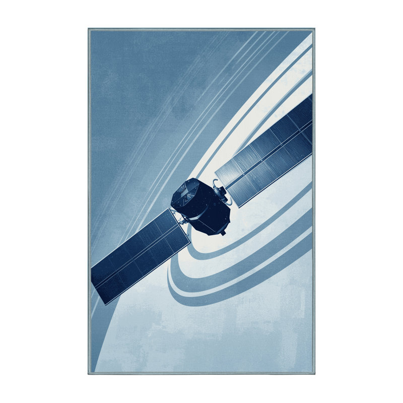 Machine Washable Vehicles And Transportation Orbital Satellite Modern Rug in Blue – SkyBlue Binding, 7x10