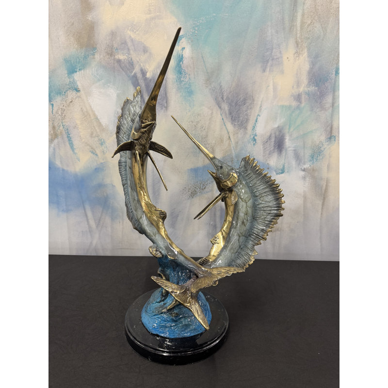 Sculptures & Beyond Two Swordfish/Sailfish Cast Bronze Sculpture – Lost-Wax Bronze with Hand-Applied Patina on Black Marble Base – Coastal & Nautical Decorative Art for Home, Office & Yacht Décor – Moonlit Crossing – 20"H